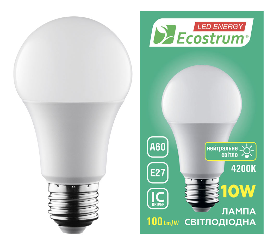 Лампа світлодіодна А60 10W Е27 4200K, УКТ ЗЕД 8539 52 00 00 ECOSTRUM